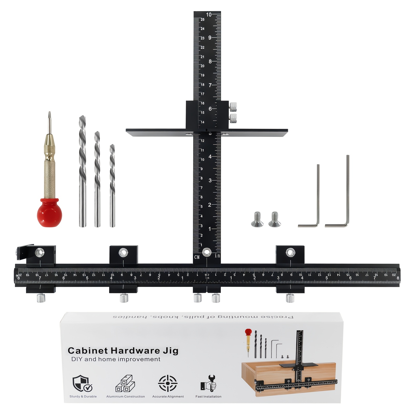 TEMU Cabinet Hardware Jig, Adjustable Aluminum Alloy Drill Guide Template, 16" Precision Positioning Locator For Kitchen Cabinet Door & Drawer Handle