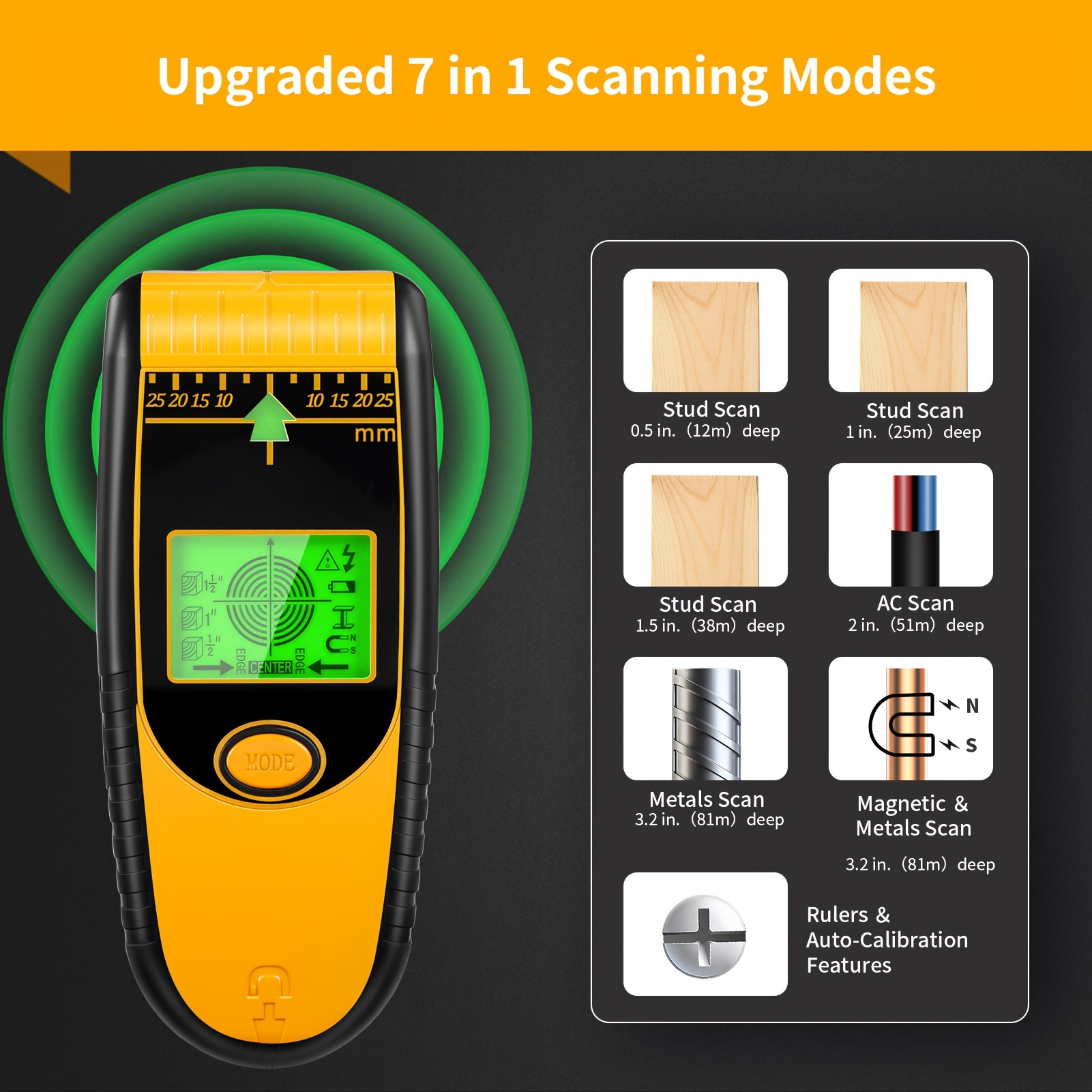 

7-in-1 Digital & Wall Scanner - Metal, Wood, Pipe Wire Detector With Lcd Display, Non-rechargeable Battery, Home Renovation Tool | Userfriendly Interface | Metal Construction