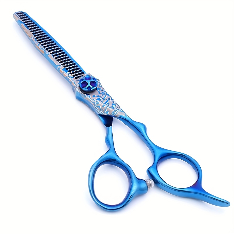 TEMU 1pc Professional Blue Damascus Hair Cutting Scissors Gem Screw Haircut Thinning Barber Tools Steel Shears Hairdressing Scissors Hairdressing