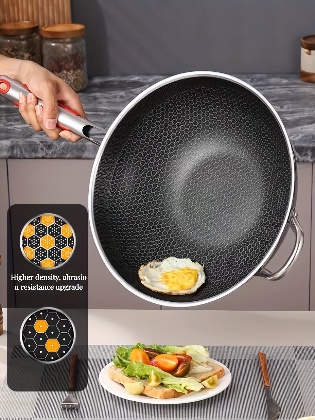 stainless steel non stick frying pan 32cm 34cm induction cooker gas stove compatible honeycomb wok design kitchen cookware for fried fish eggs steak outdoor use details 2