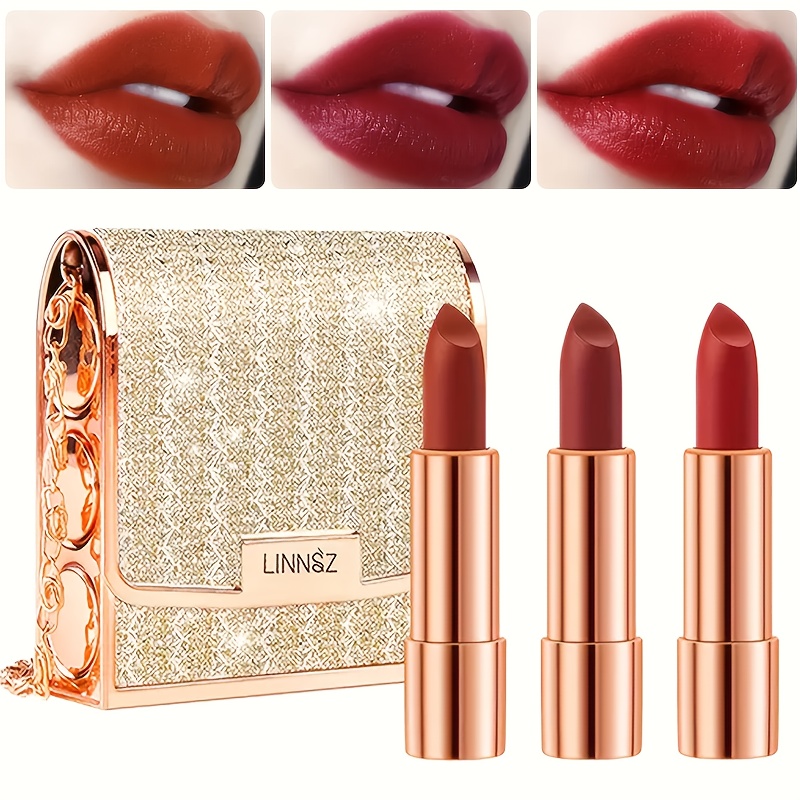 TEMU 3pcs Matte Lipstick Set, With Silvery Chain Bag Packaging, Velvet Lipstick Gift Box Set, Waterproof And Long-lasting, Stretchable, Red Lipstick
