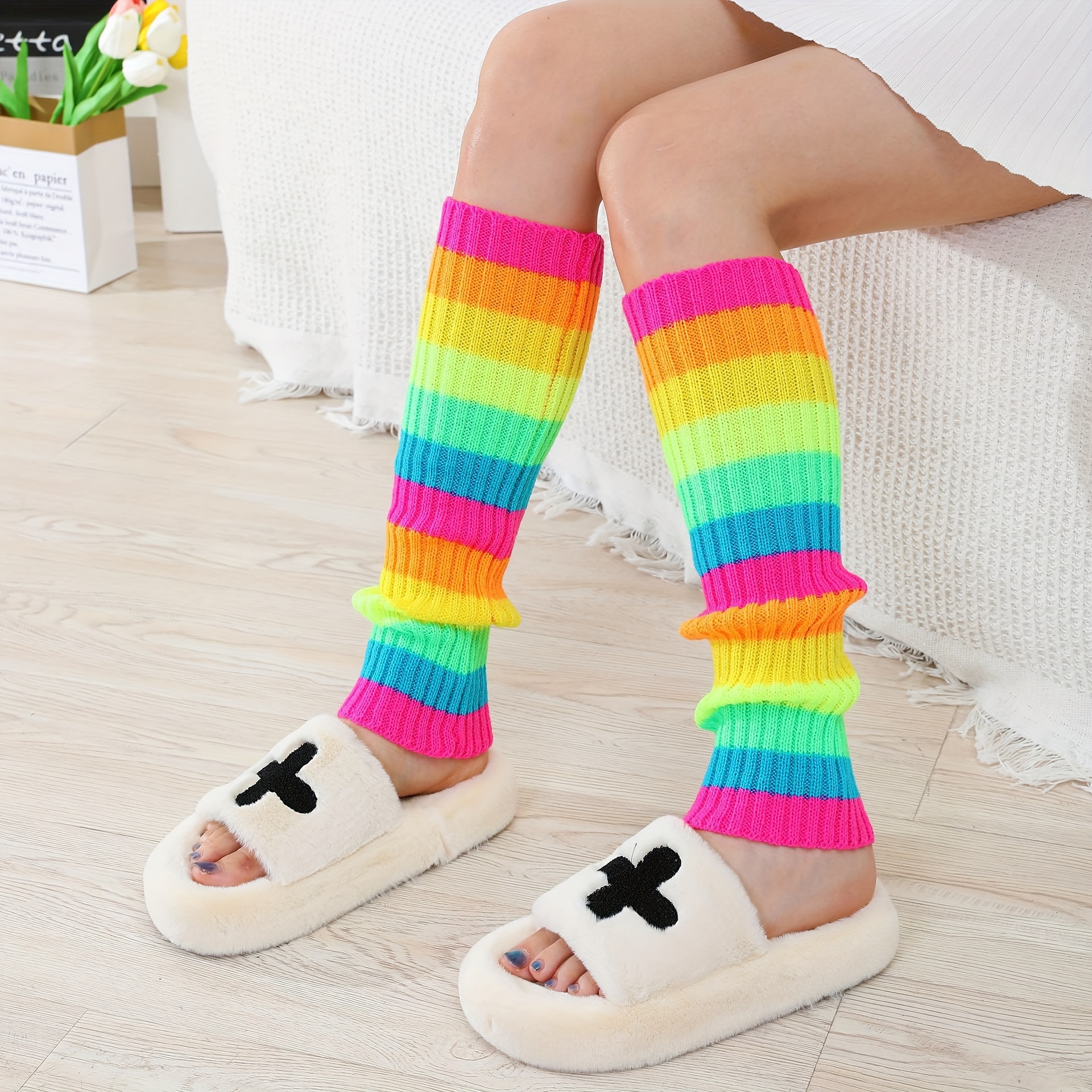 

Y2k-inspired Fluorescent Striped Knit Leg Warmers For Women - Cozy Acrylic, Hand Washable, Mid-calf Length