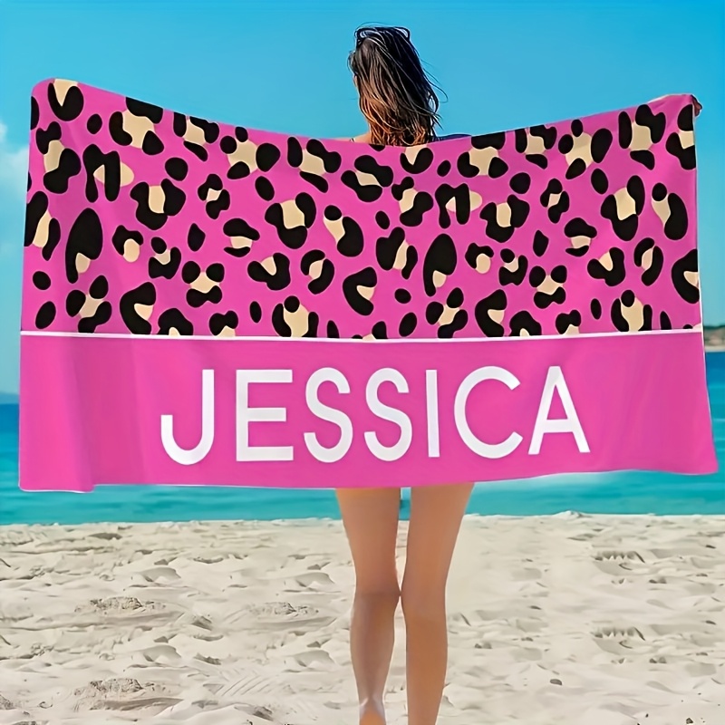 TEMU 1pc Custom Name Beach Towel - Microfiber Quick-dry, Bright Leopard Print, Anti-fade & Sand-resistant, High Absorbency For Pool, Beach, Bath -
