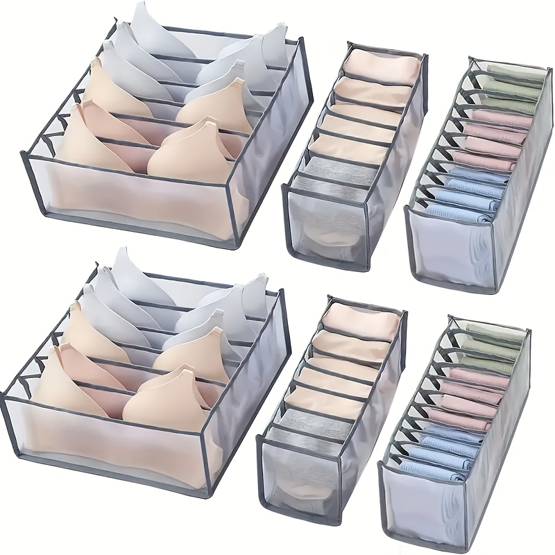 Image of 6pcs Foldable Drawer Organizer, 6/7/11 Grid Compartment Storage Box, Lightweight & Washable Fabric, Space Saving Drawer Divider, For Bras, Underwear And Socks, Wardrobe & Closet Household Storage