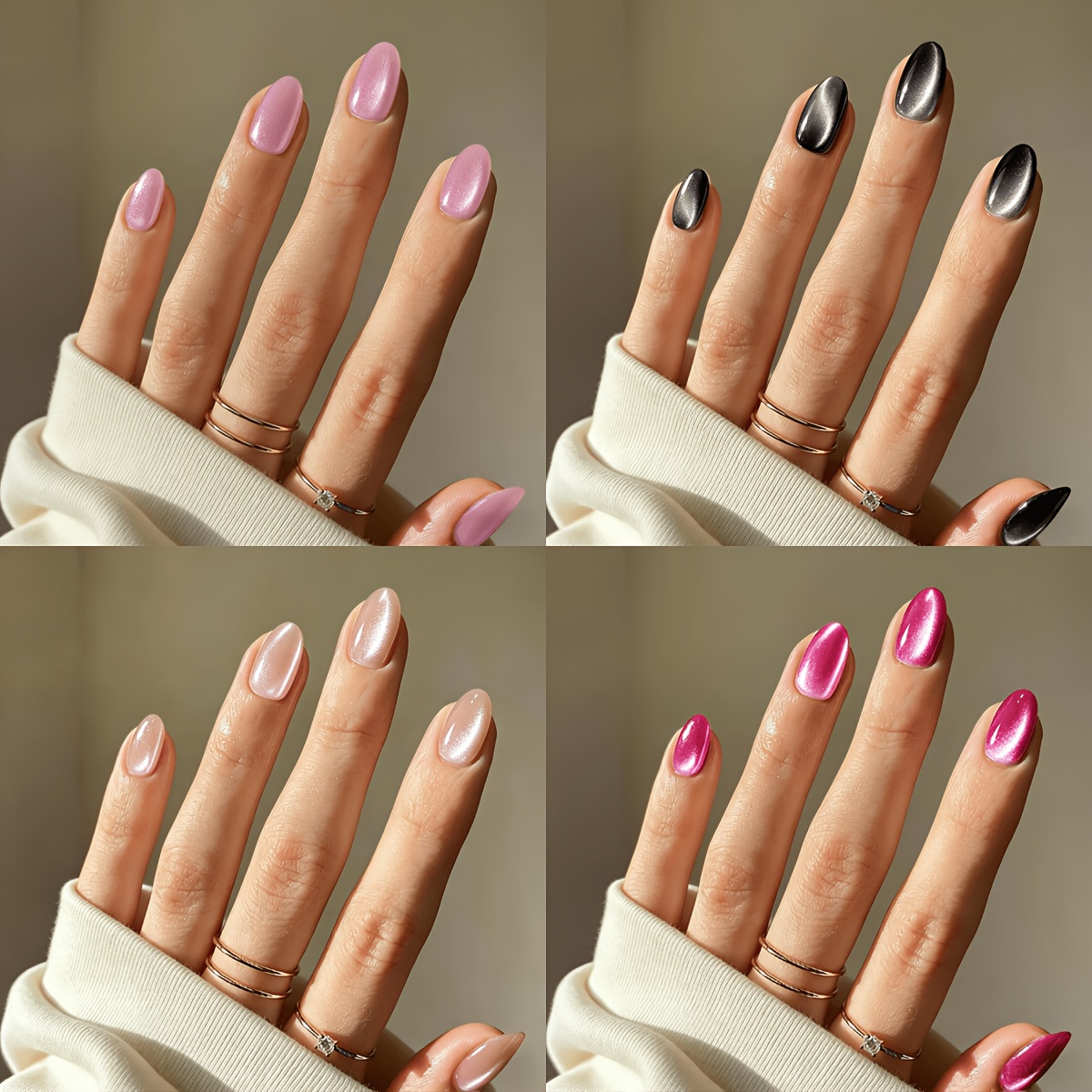 TEMU 120pcs Short Almond Cat Eye Press-on Nails Kit, Nude, Pink, Black, Magenta Glossy False Nail Tips, 15 Sizes, Durable Reusable Artificial Nails