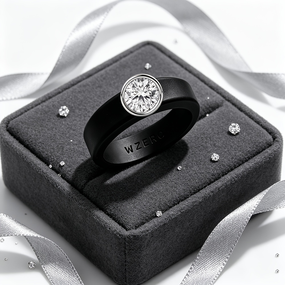 Round Zirconia Bezel-Set Silicone Ring for Men and Women