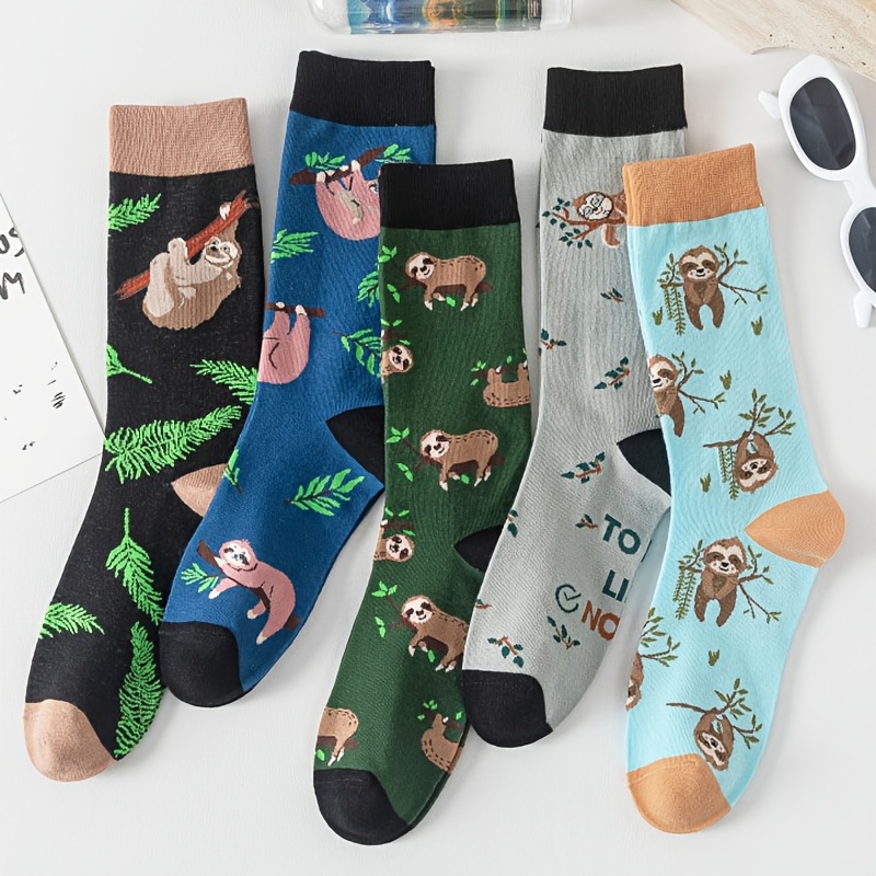 TEMU 5 Pairs Unisex Cute Cartoon Sloth Pattern Mid-calf Socks | Soft And Comfortable, Suitable For , Fashionable And Versatile Leg Warmers, Ideal For