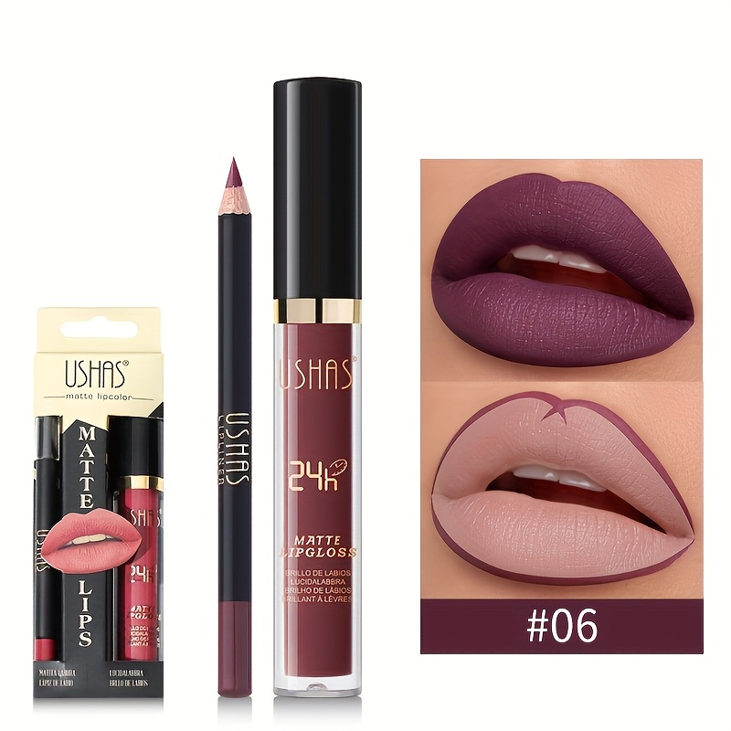 Set Ruj Lichid Mat si Creion pentru Buze, Rezistent, Ushas 06
