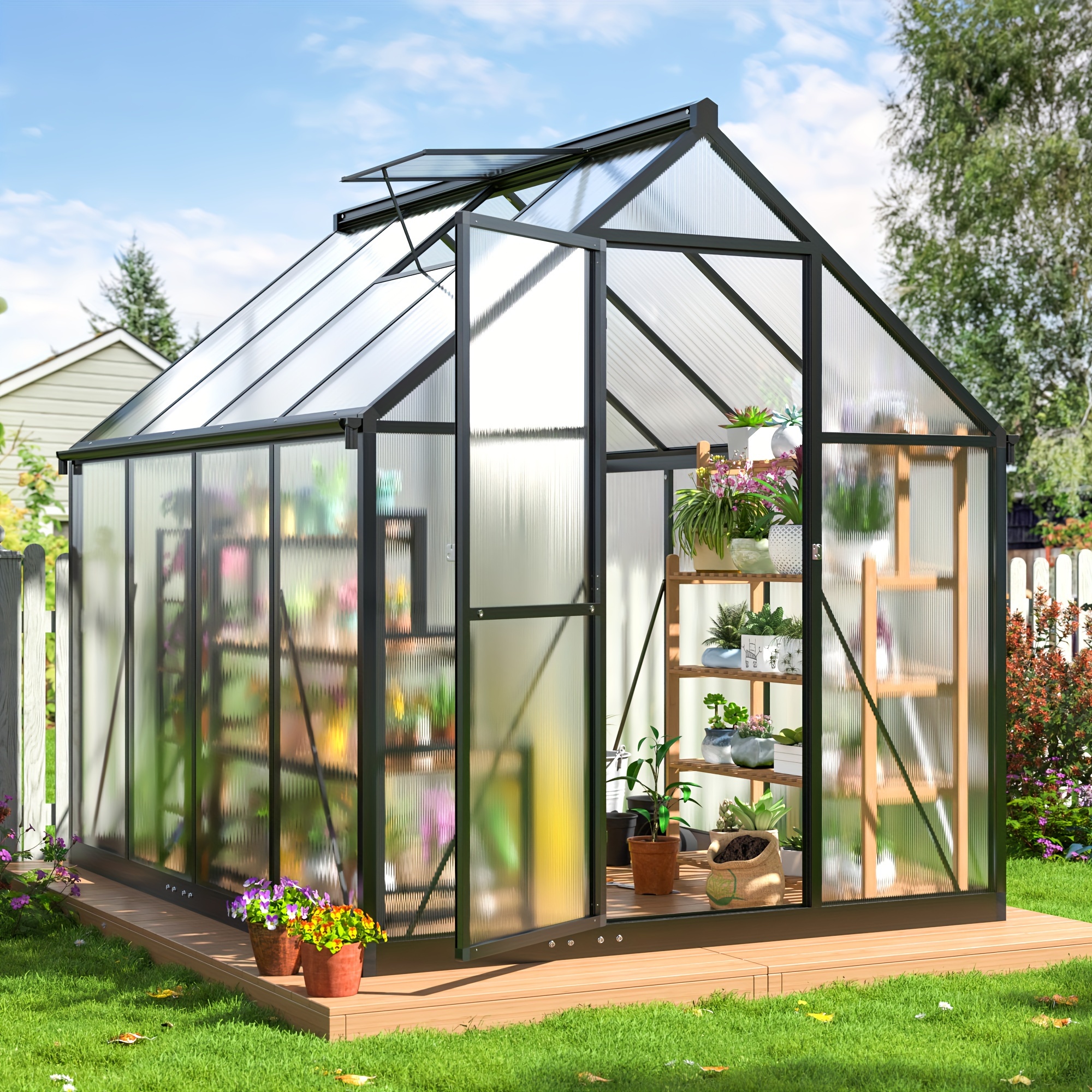 

6x7.5 Ft Greenhouse For Outdoors, Polycarbonate Greenhouse With Quick Setup Structure And Roof Vent, Aluminum Large Walk-in Greenhouse For Outside Garden Backyard, Black