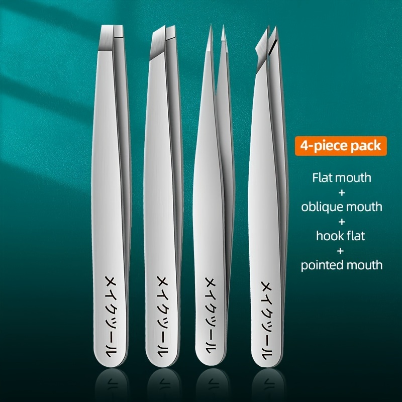 4pcs precision stainless steel tweezers for eyebrow hair facial hair removal blackhead slant tip angle tip pointed tip details 7
