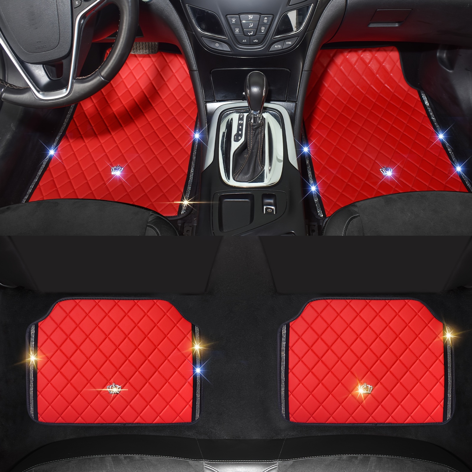 TEMU Luxurious Design, High-quality Pu Materials Car Floor Mats With Bling Crown , Full Set For Suv, 4x4 Truck, , Wrangler Xl, Red