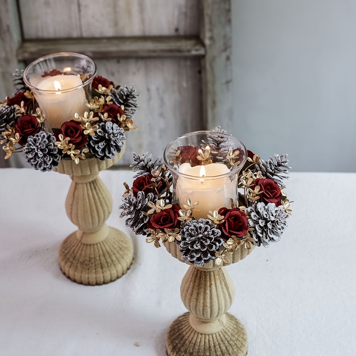 

2pcs Christmas Candle Holders With Aromatherapy Wreaths - Pine Cone & , Tabletop Decor And