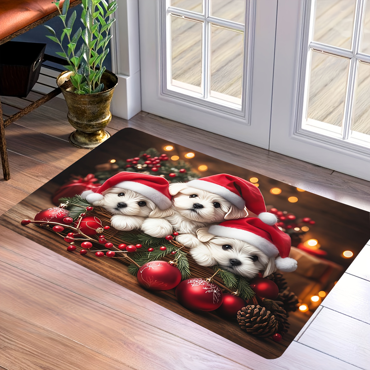 TEMU 1pc Cute Christmas Dog Pattern Printing Floor Mat For Home Entrance, Home Christmas Atmosphere Decoration Mat, Christmas Elements Printing Wash