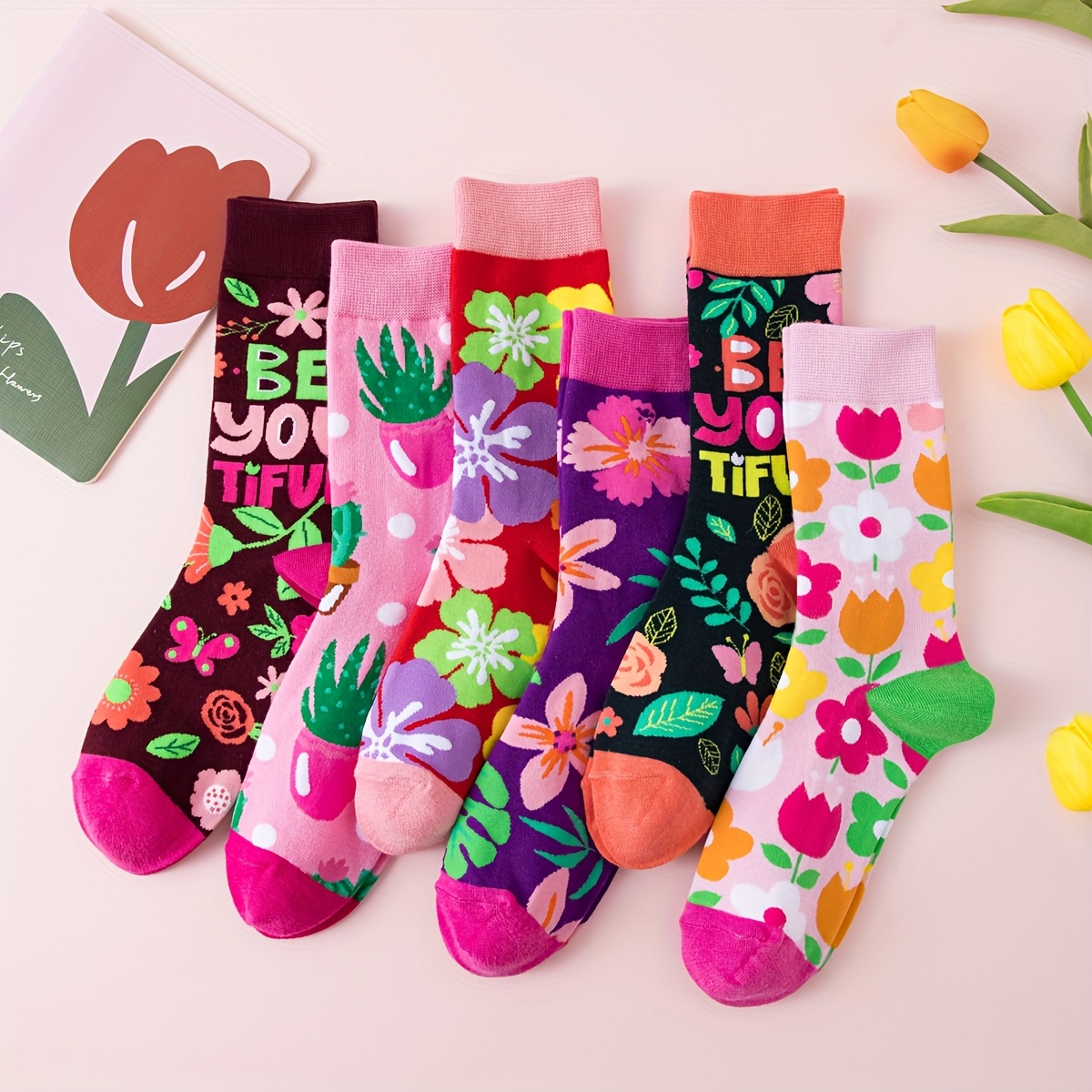 6 Pairs Of Multicolored Floral Trendy Socks