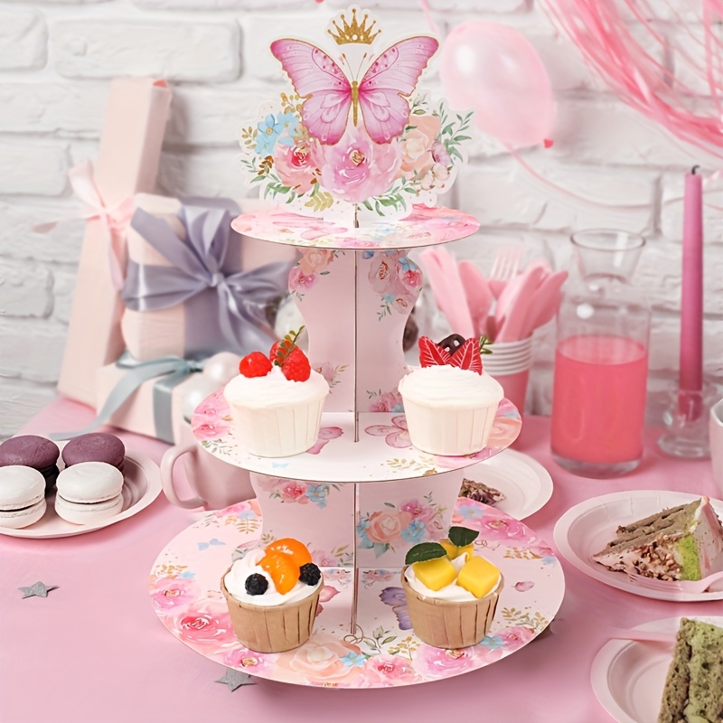 1個 ピンクの蝶々 ルペーパーケーキスタンド 3段式食品対応