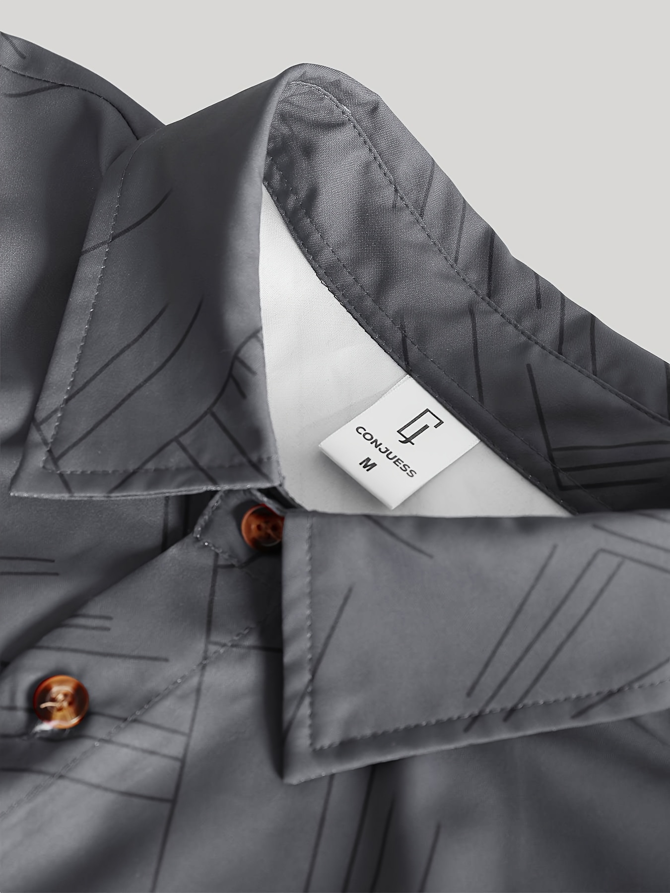 ανδρικό πουκάμισο με γεωμετρικό σχέδιο για επαγγελματική περιστασιακή φορεσιά - λευκό με μαύρο γεωμετρικό μοτίβο, πολυεστέρας, πλενόμενο στο πλυντήριο, κλασικός γιακάς, επαγγελματική περιστασιακή φορεσιά | κομψά κοντά μανίκια | μη ελαστικό υλικό,   Στοιχεία είδους 3