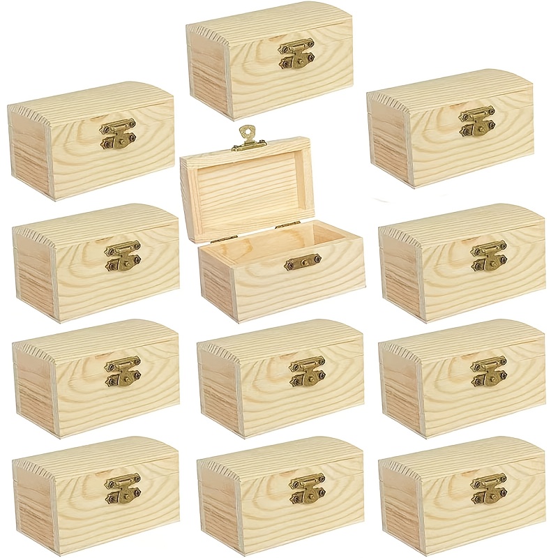 E-shop 12 Stück gewölbte Holz-Schatztruhen mit Schnappverschluss-Sicherheitsdeckeln – stapelbare, stabile Holzaufbewahrungskisten geeignet für