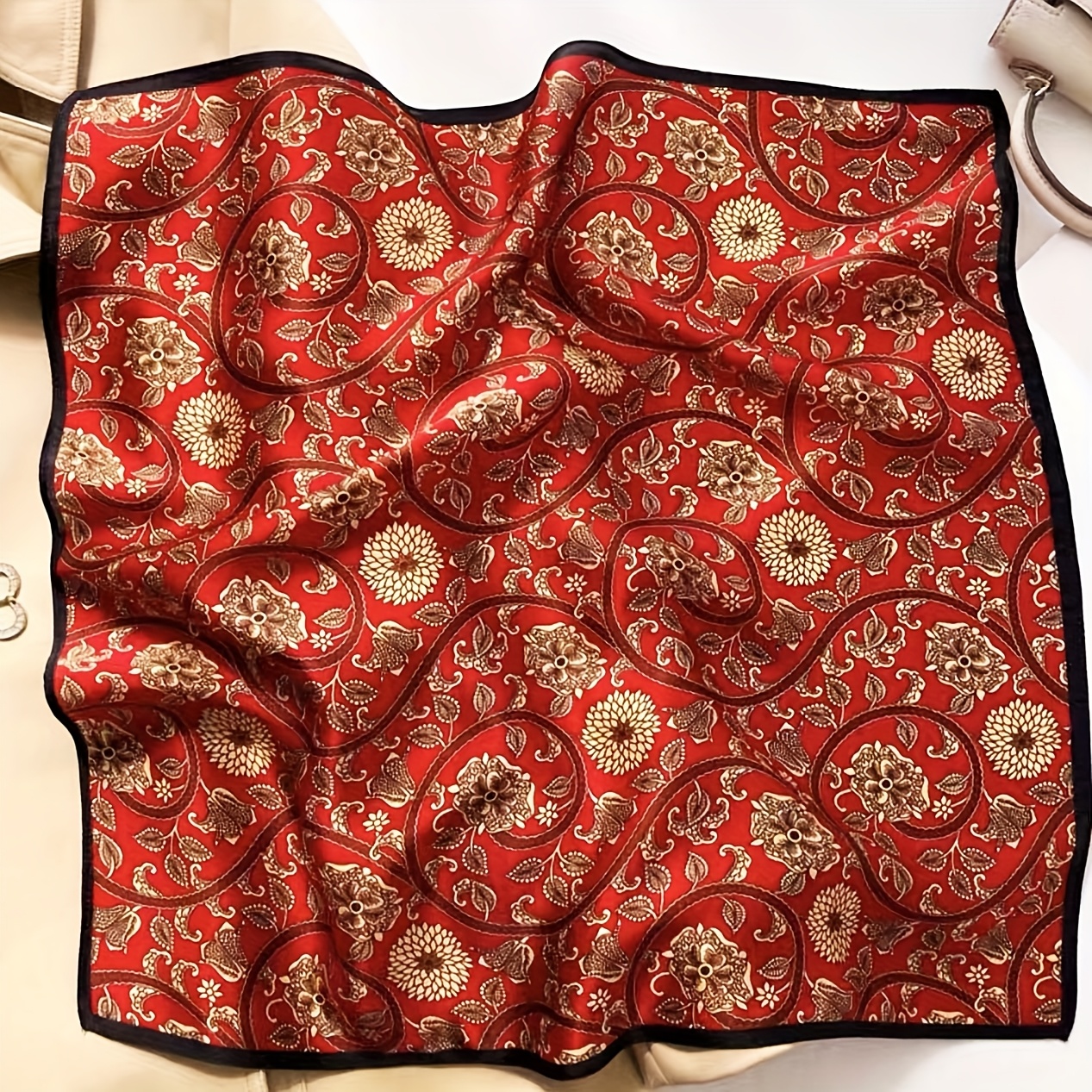 TEMU Women's Elegant - 100% Genuine Silk, Red Paisley Scarf, Breathable & Windproof, Suitable For Formal And Casual Occasions, , Stylish Accessory,