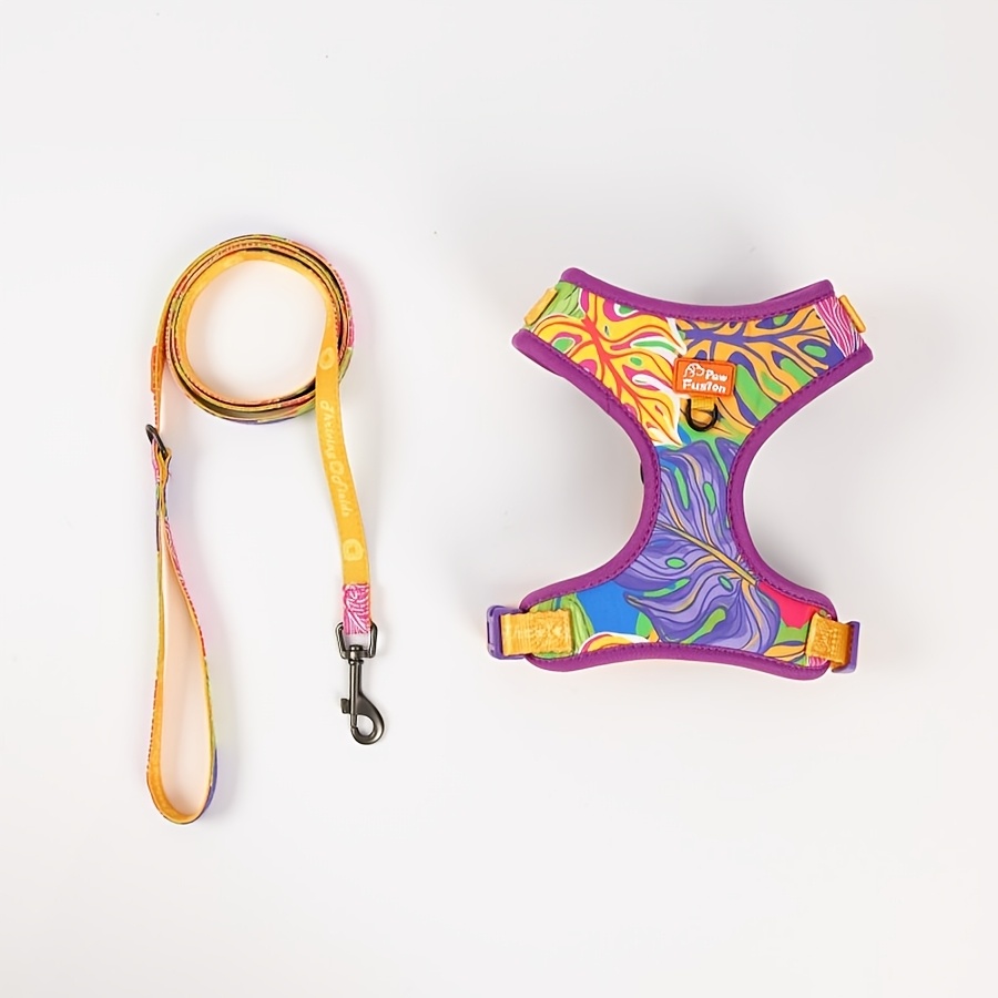 Image of Dog Harness With Leash Set, Soft Adjustable Chest Harness For Small To Large Dogs, 150cm Matching Dog Leash, Secure D-ring Metal Carabiner, 6 Colorful Designs, Sizes S-xl, Without Battery