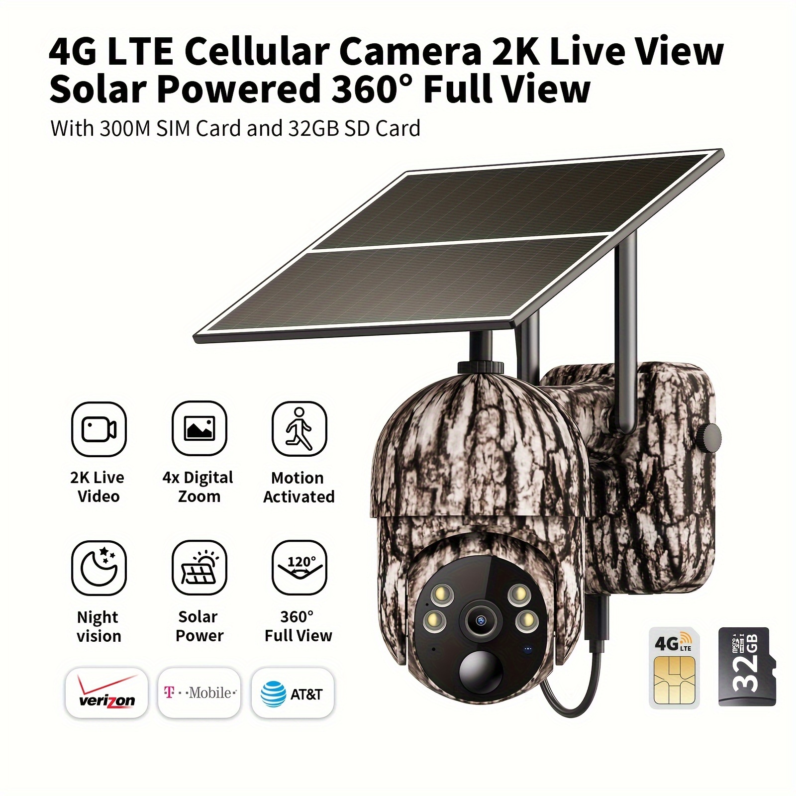 

4g Lte Wireless Solar Powered Cellular Outdoor Trail Camera Game Camera Sd&, Work Without Wifi, 2k Live Video& Via Phone App, 360° , Motion Activated, , Audio, / Storage