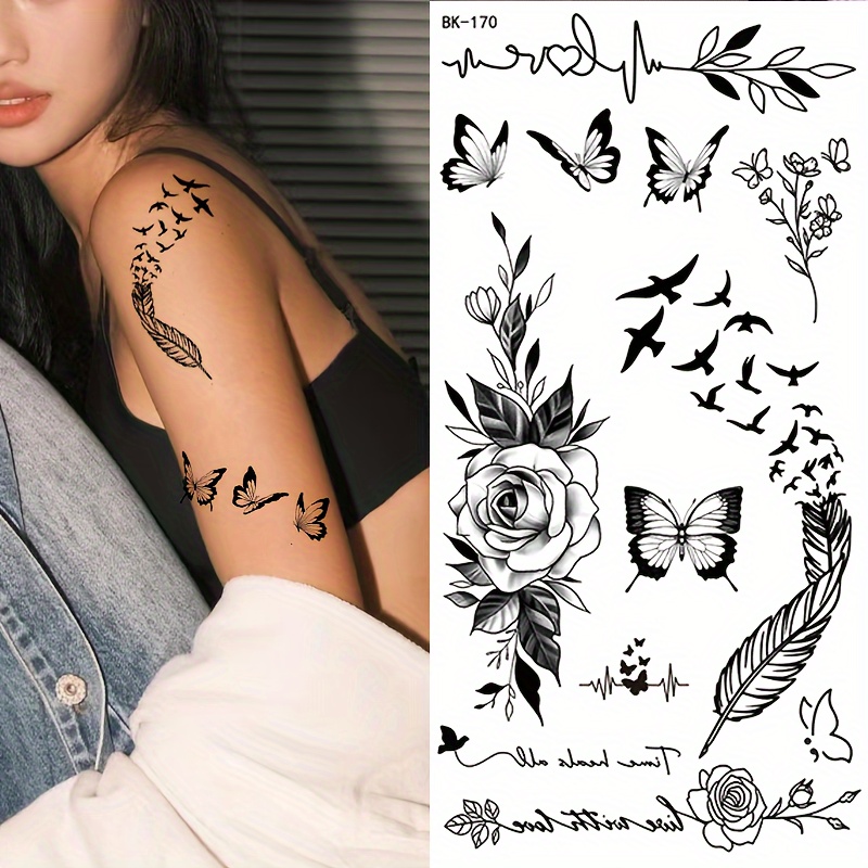 Elegant Feather Butterfly Temporary Tattoo Waterproof Long - Temu