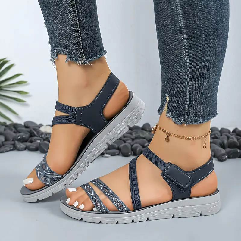 womens summer sandals lightweight breathable slip ons with soft tpr sole open toe for pool casual outfits grey blue accents soft cushioned insole easy clean wide width sandals leisure footwear adjustable straps durable pool footwear stylish fabric upper comfortable Product details 1