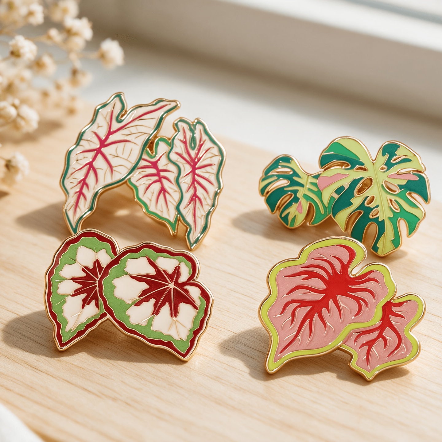 TEMU 4pcs Multicolor Tropical Foliage Plant Badges, Alloy Large Size Styles, Turtle Leaf Shape, Main Side Over 3cm, Badges