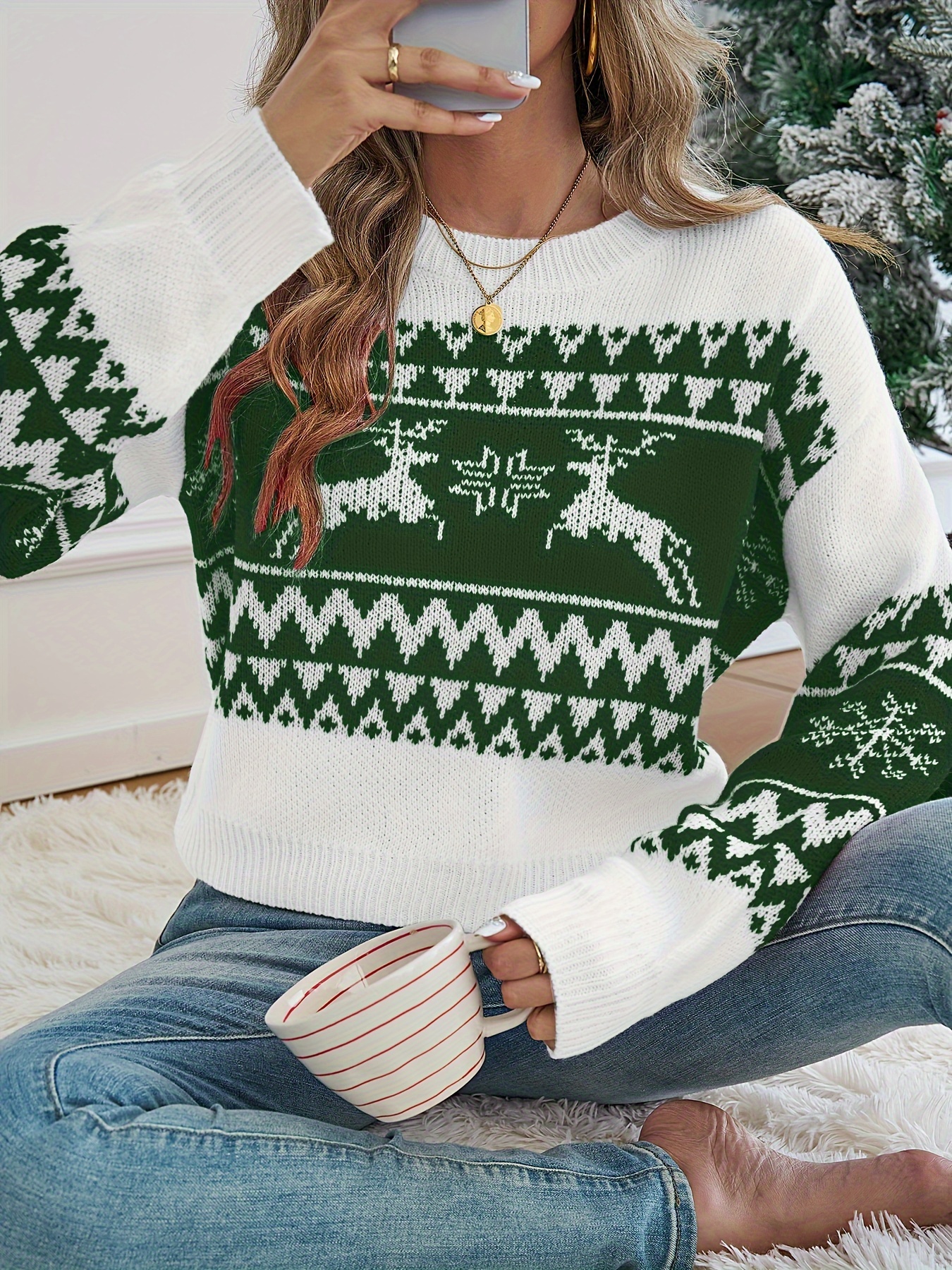 Pull de Noël pour Femmes TD24094 avec Pull à Col Rond et de  Couleur, Haut Décontracté d'Hiver pour Fêtes d'Année Froid, Tissu