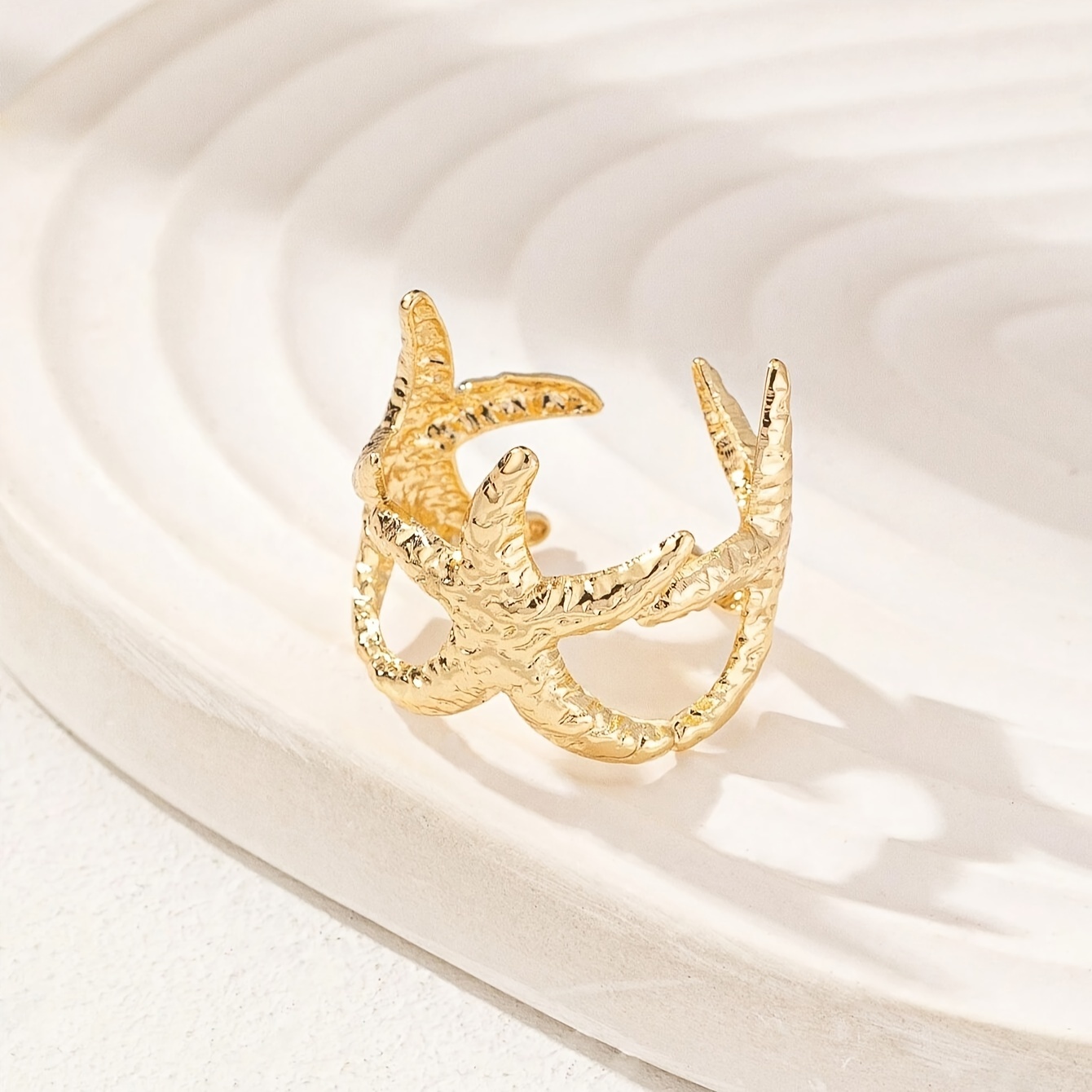3pcs Golden 3D Starfish Ring Set Shell Open Adjustable Hand Jewelry