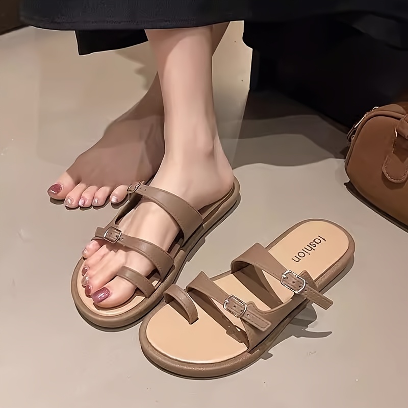 womens summer flat sandals elegant open toe   with metal   strap lightweight comfortable striped design in beige black   casual travel strappy sandals Product details 4
