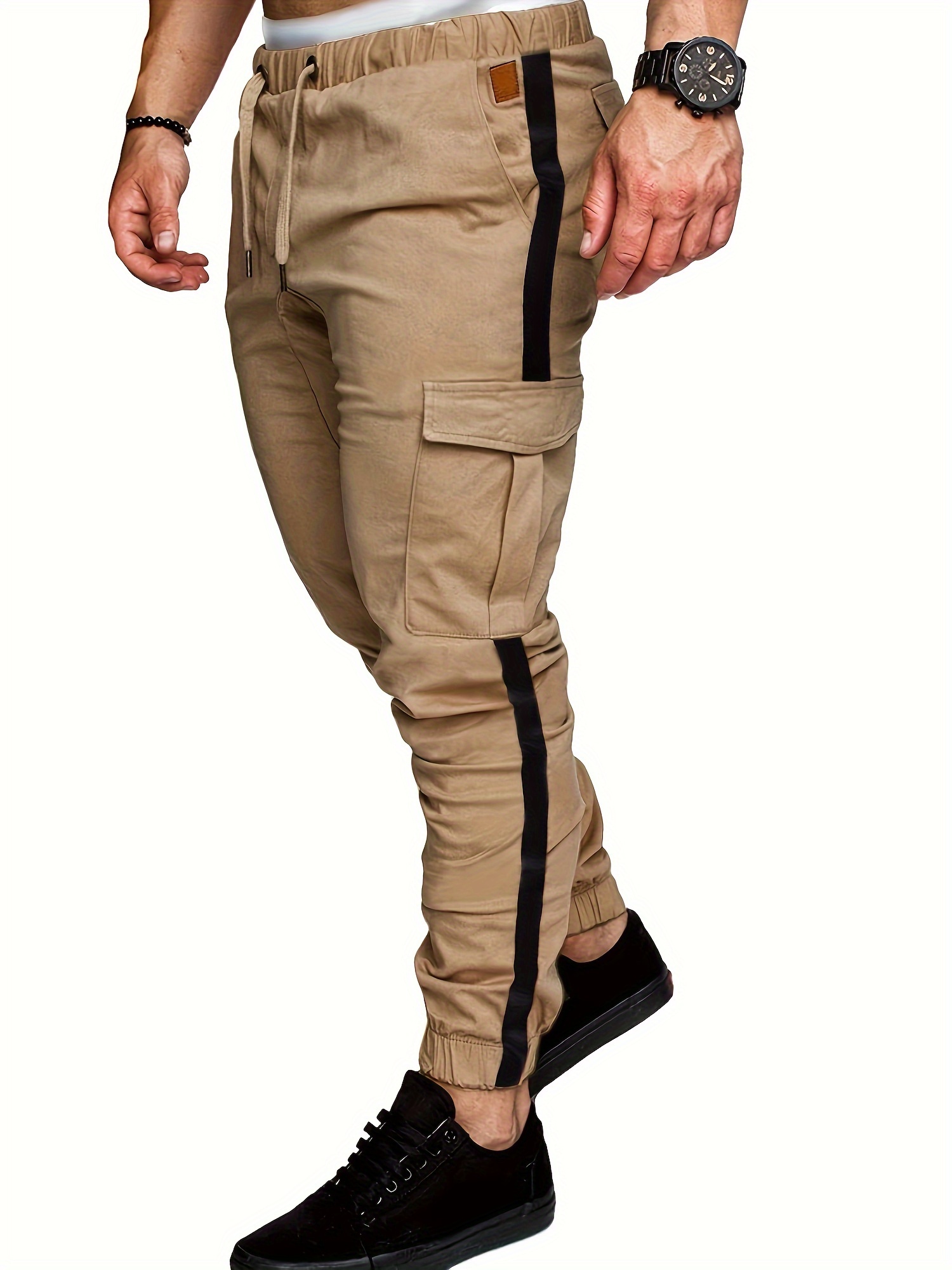 Men's Striped Track Pants With Multi Pockets Active Drawstring Joggers For Outdoor Activities Gift