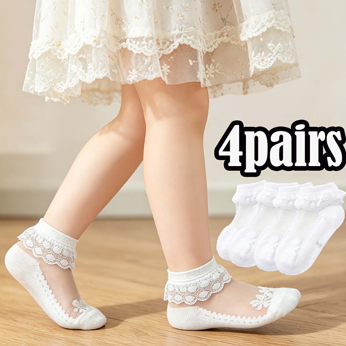 Image of 4-pair Pc Girls' Sweet Cute Crystal Lace Ankle Socks, Spring Summer Ultra-thin Breathable Girls' Short Socks, Suitable For Girls' Daily Wear