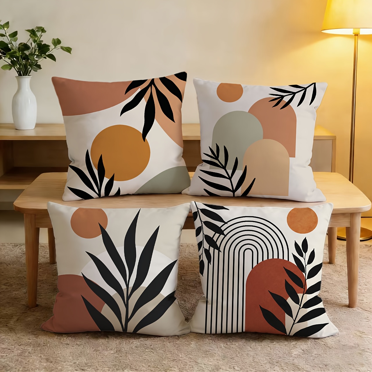 TEMU Mid-century Modern Terracotta Sage Beige Pillow Covers 4-pack, Palm Leaf Print Decorative Throw Pillowcases For Living Room Bedroom