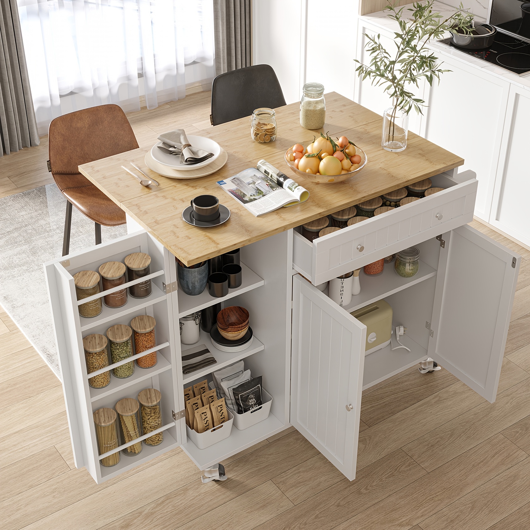 Craftian Kitchen Island Table With Storage & Power Outlet, Kitchen
