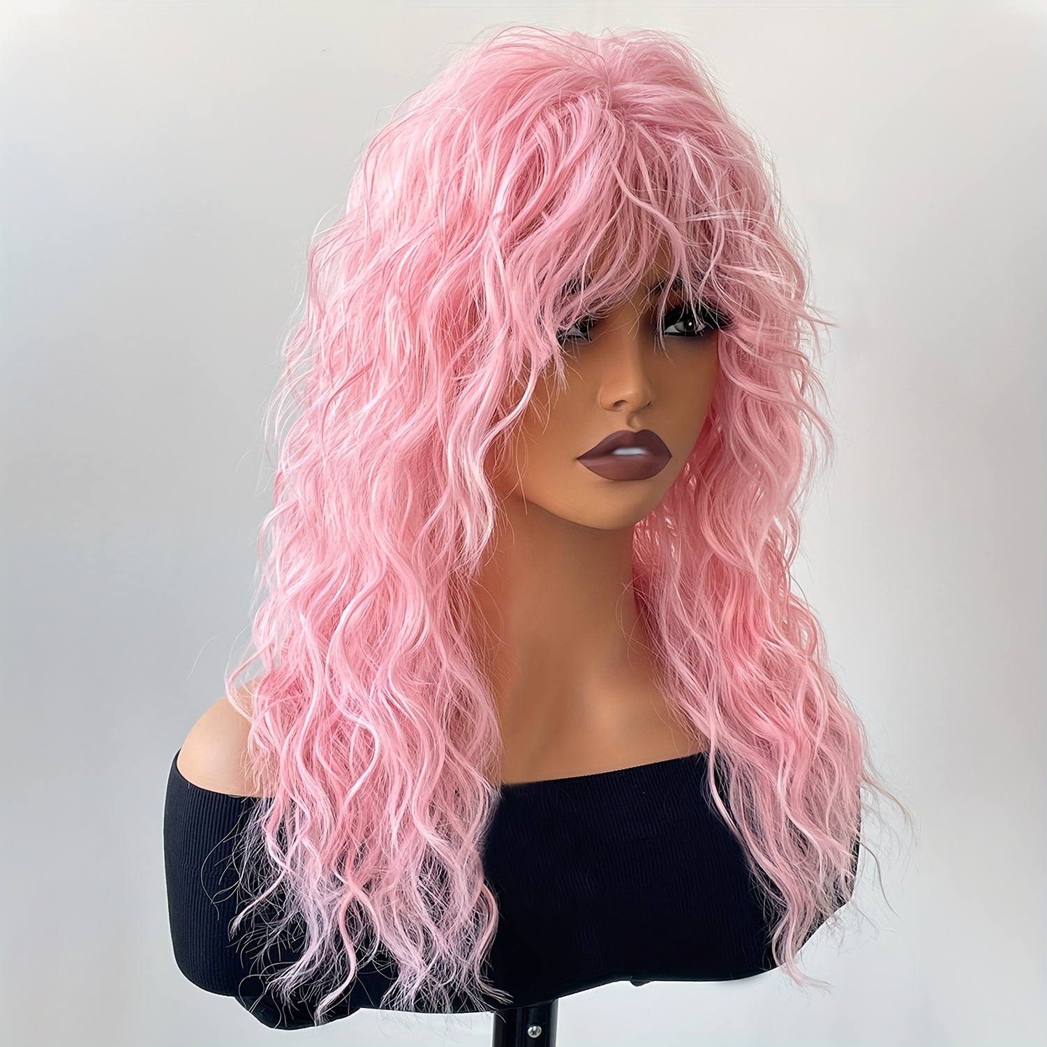 Pink wig  curly with bangs 18 inches long womens rose pink wig long curly wig bangs 18 inch curls  main image 4