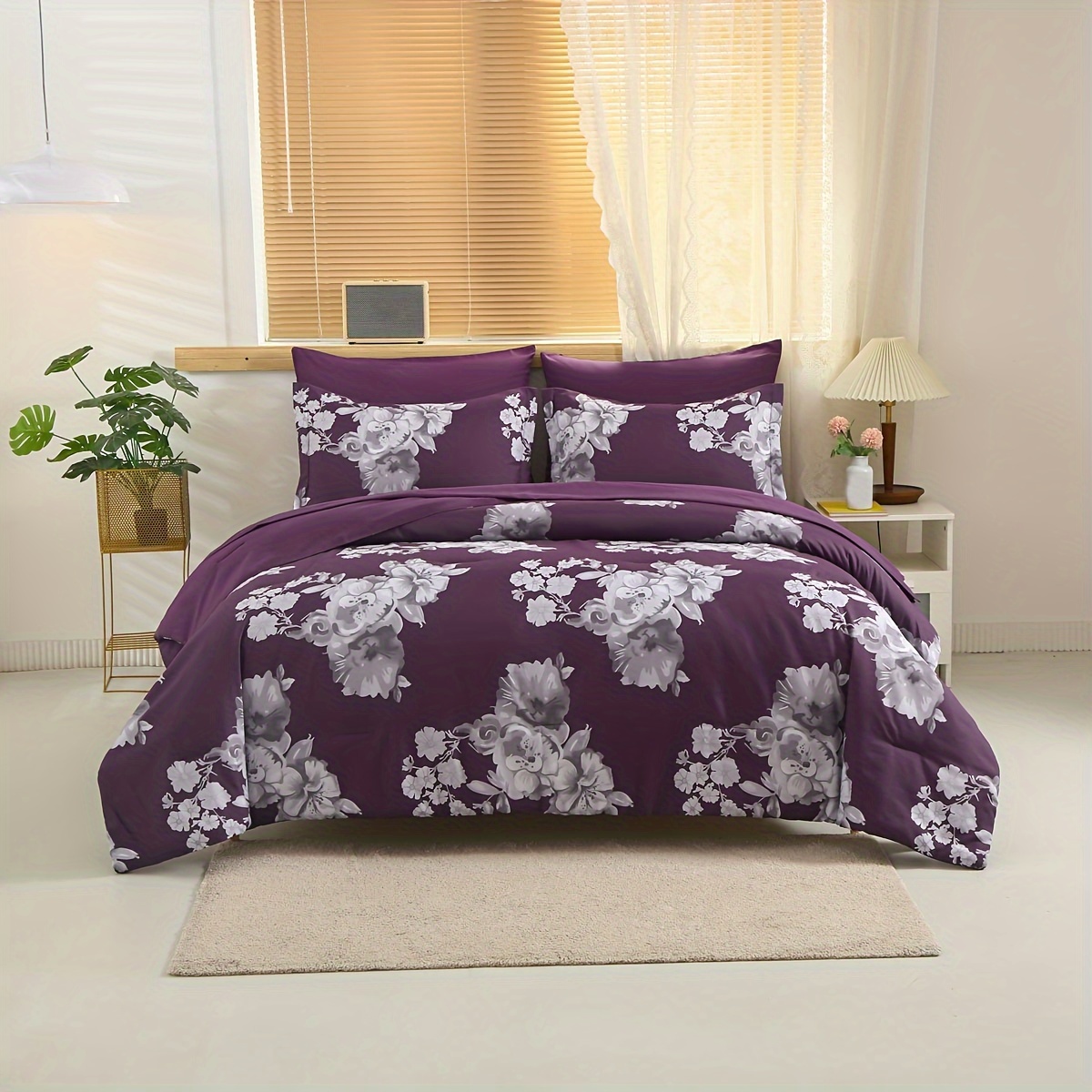 

7pcs Flowers And Plants Pattern Comforter (1*comforter + 1*flat Sheet + 1*fitted Sheet + 4*pillowcase Without Filler), Soft And Lightweight Comforter, Suitable For All Seasons, Bedroom Decor