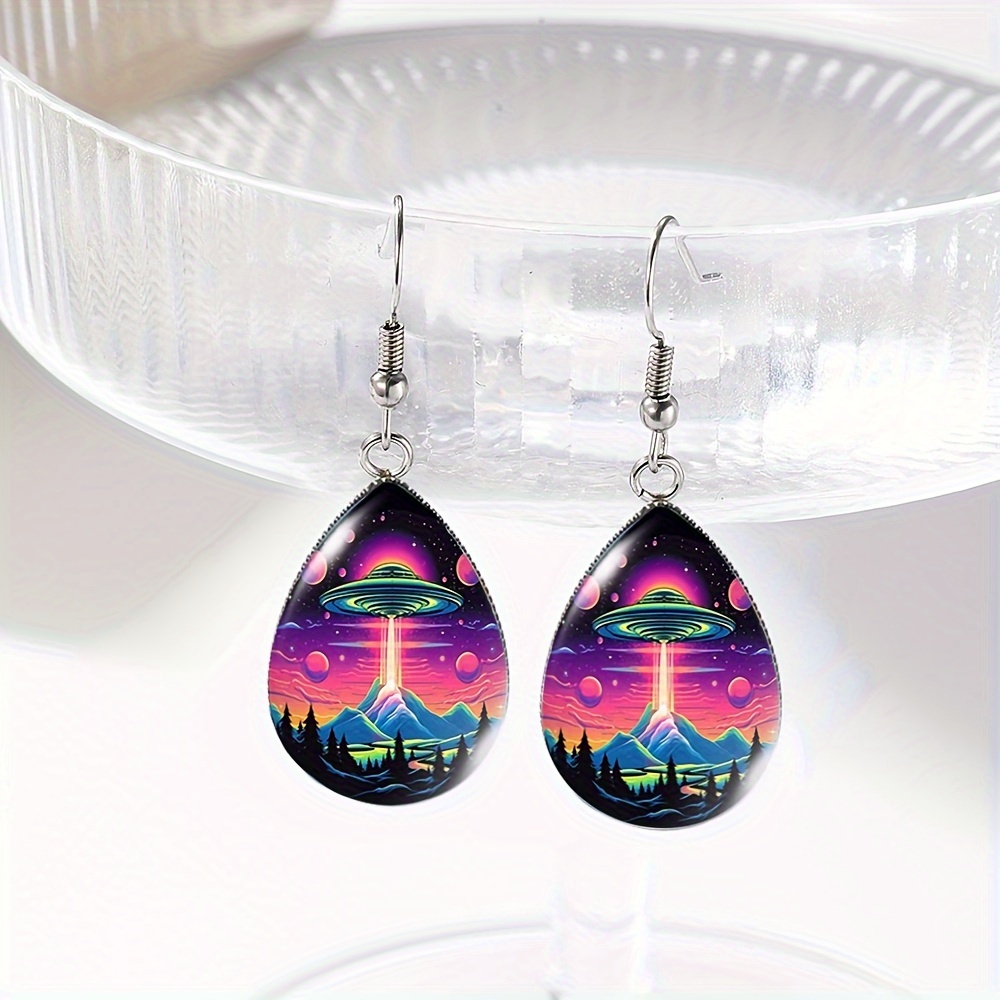 TEMU 1 Pair Mysterious Spaceship Tear Drop Earring Handmade Glass Dome Dangle Earrings Jewelry