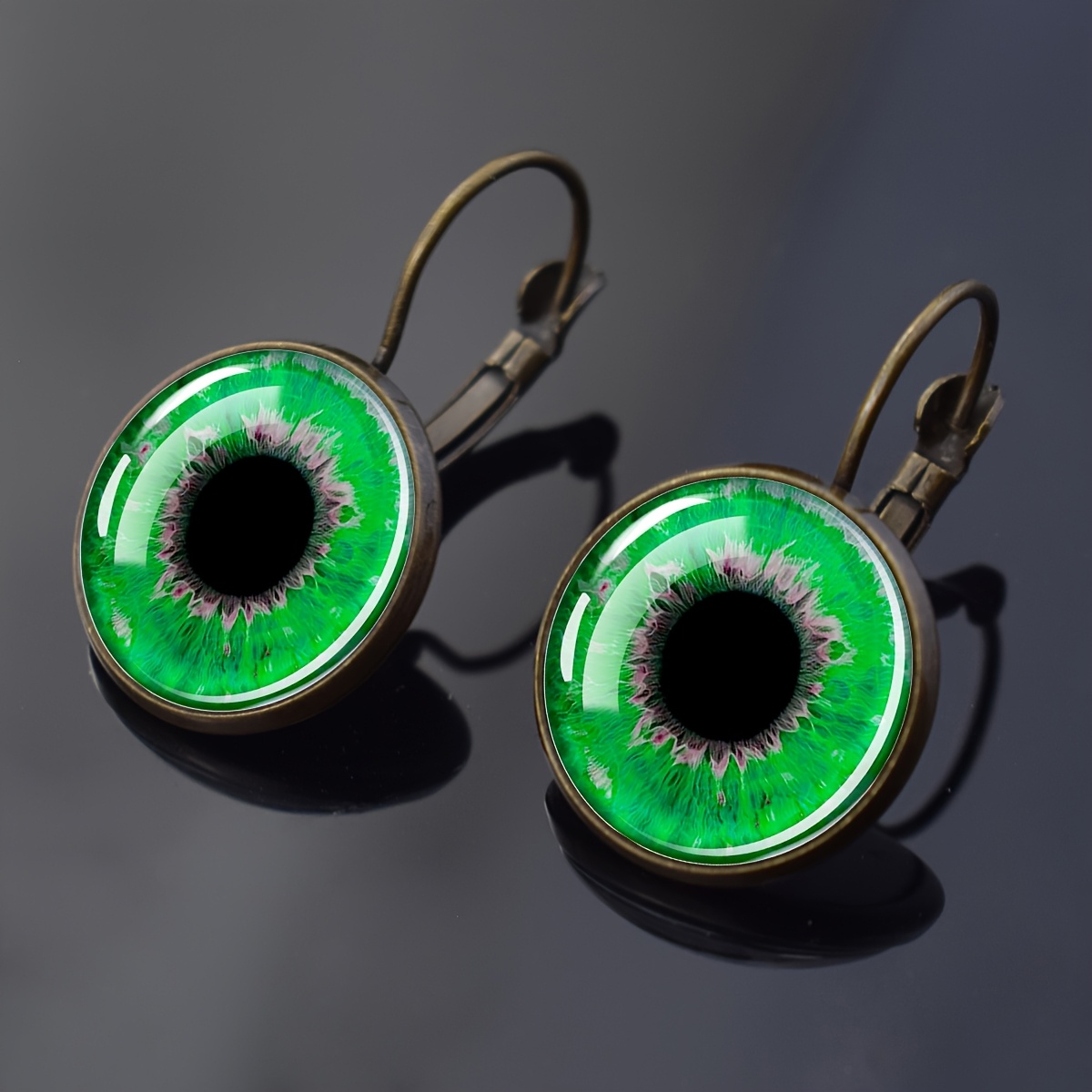 Vintage Round Earrings with Green Eye Pattern, Statement Piece