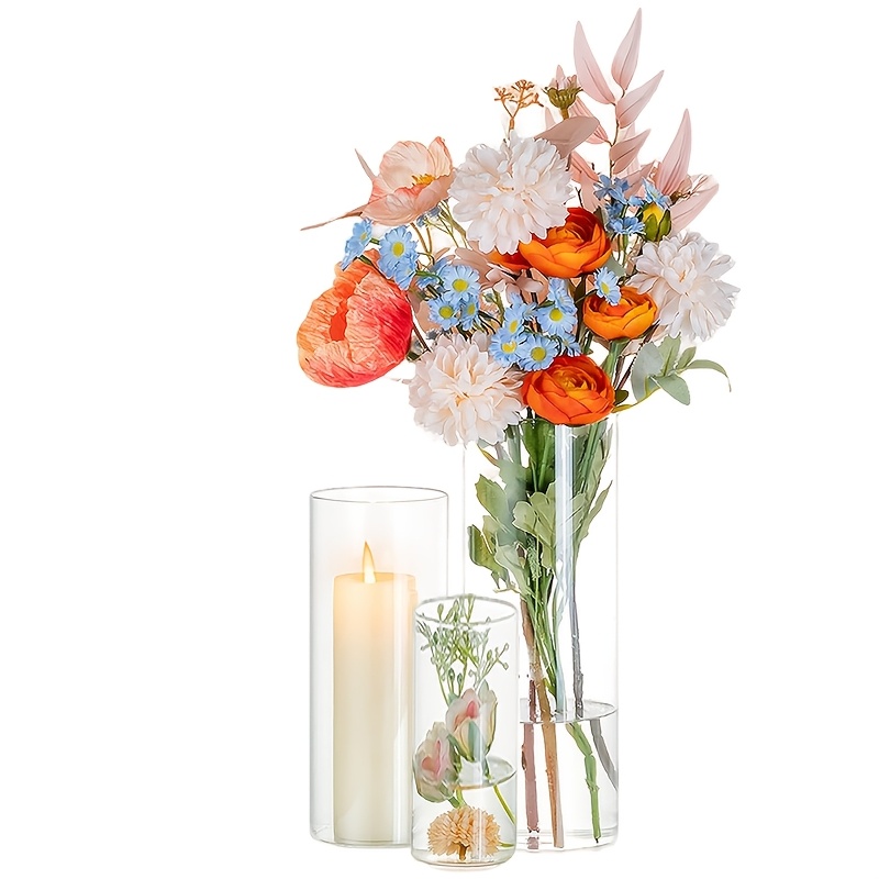 TEMU 3pcs Set Of Transparent Glass Vases, Decorative Vases, Windproof Glass Candle Holder Set, Wedding Vase Set, Hurricane Candle Holders, Suitable