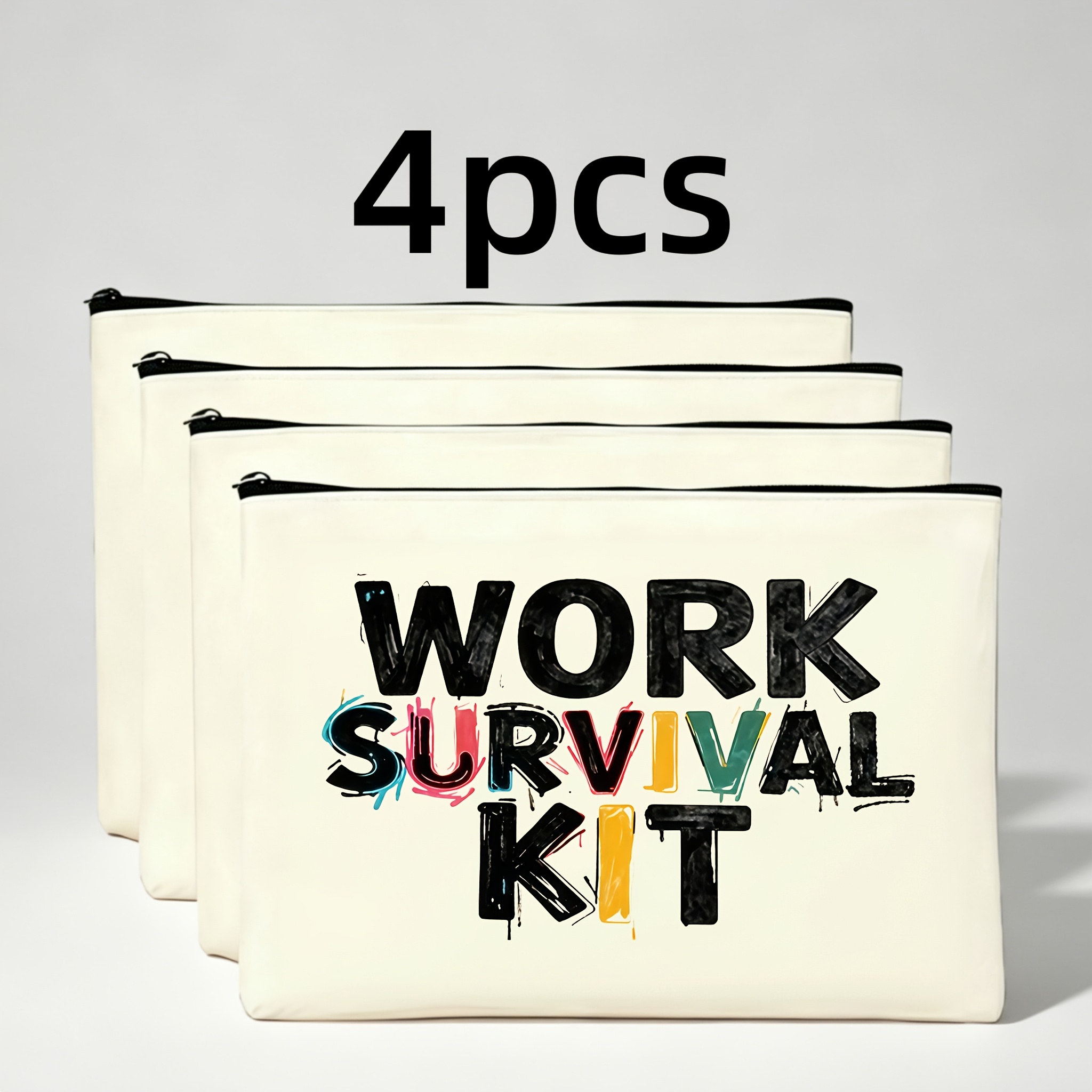 TEMU 4pcs Work Survival Kit Graffiti-style Printed Makeup Bag, Lightweight Daily Cosmetic Organizer, Art Font Pattern Zipper Pouch, Portable