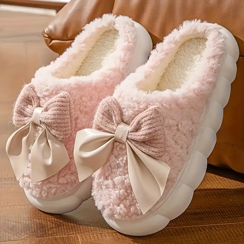 autumn winter womens home slippers thickened fleece lined shoes with bowknot design lightweight soft sole comfortable quiet indoor footwear for cn36 36 pink bow 10