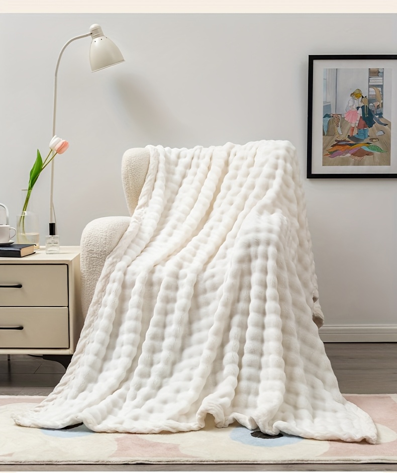 luxurious white bubble fleece blanket   polyester   knit fabric soft and cozy for living room office bedroom camping pet versatile throw contemporary style 250 300gsm ideal birthday gift details 4