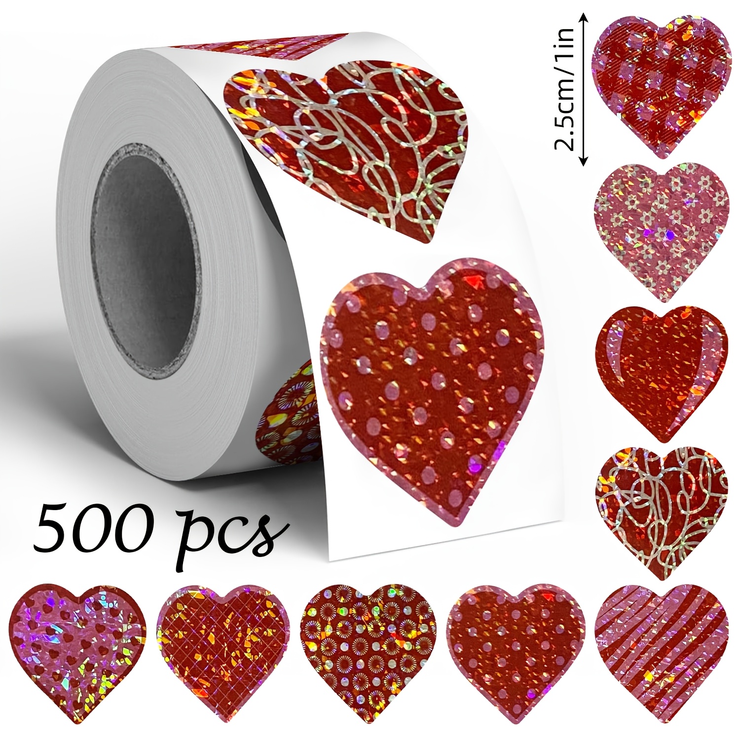 E-shop 500 Aufkleber pro Rolle, rote Laser-Herz-Graffiti-Aufkleber, 1 Zoll mit 8 Designs, geeignet für Valentinstag, Geburtstage, Hochzeiten und