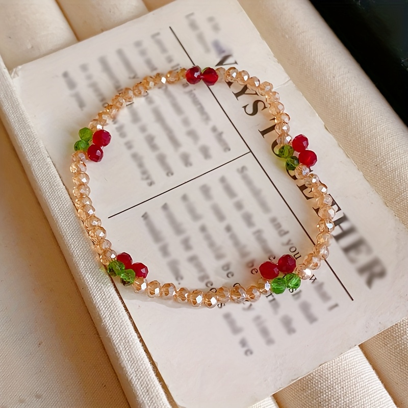 Cherry Bead Stretch Bracelet with Sparkling Crystals for Women