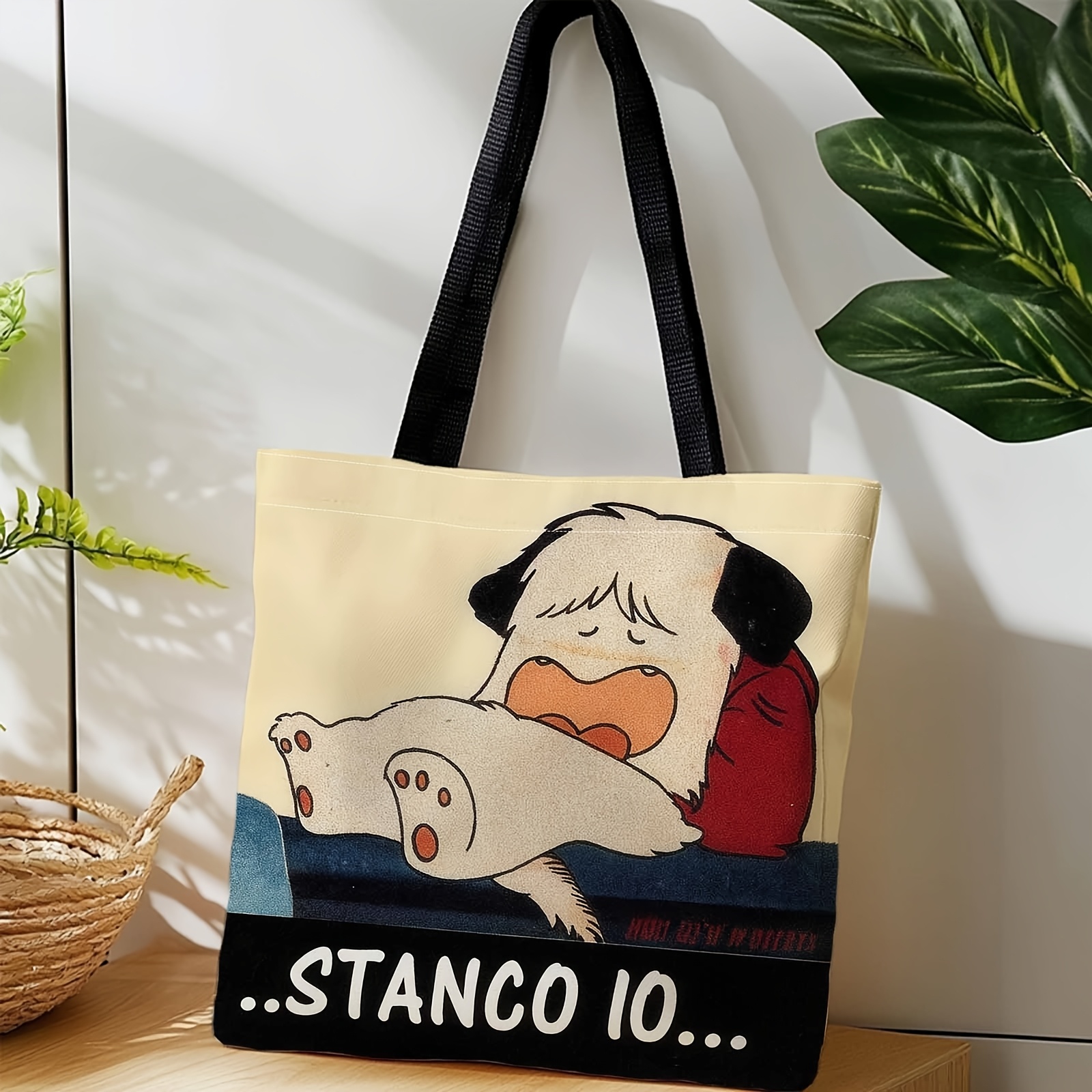TEMU A Tote Bag - Sleeping, Cartoon, Pug-, Machine Washable, Foldable Lightweight Shoulder Bag For School, Shopping, And Going Out, Durable For