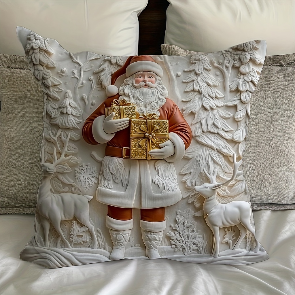 

1pc Santa Claus With & Reindeer 2d Print Pillow Cover, 18x18 Inch Soft Plush Polyester, Machine Washable Zippered For Bedroom & Living Room Holiday Decor (no Insert), Christmas Pillow Covers