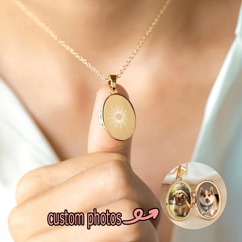 TEMU Custom Oval Necklace With Sun Engraving, Personalized Photo Locket, Vintage Style Jewelry, Memorial Keepsake, Holiday Present, Gift Idea For