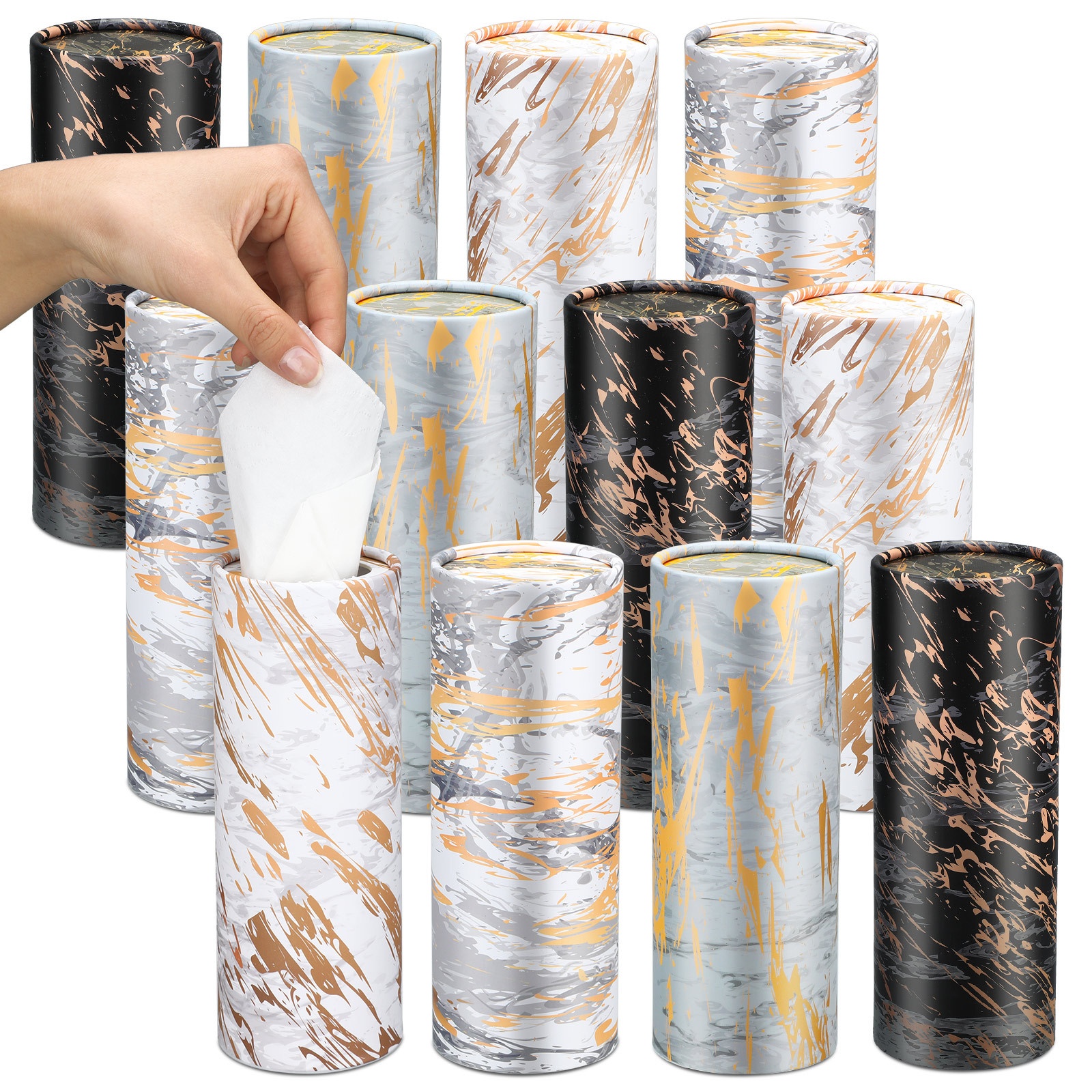 12 pack marble pattern tissue holder cylinder black white gray beige space saving vertical organizer for   office bathroom compatible with facial tissues napkins elegant marble design decorative storage container tissue holder for car travel essentials organizer sleek polished     modern decor smooth texture home organizers Product details 1