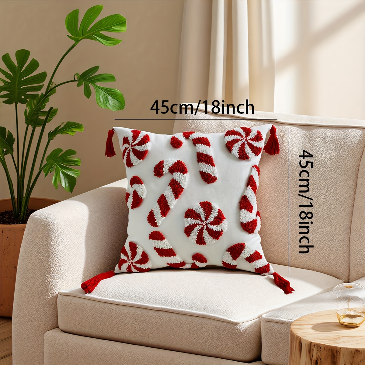 TEMU 1pc Of Handmade Tufted Circle Plush Pillow Cover, 18*18 Inches, With Tassels, Embroidered Pillow Cover, Christmas Edition Candy Cane Windmill