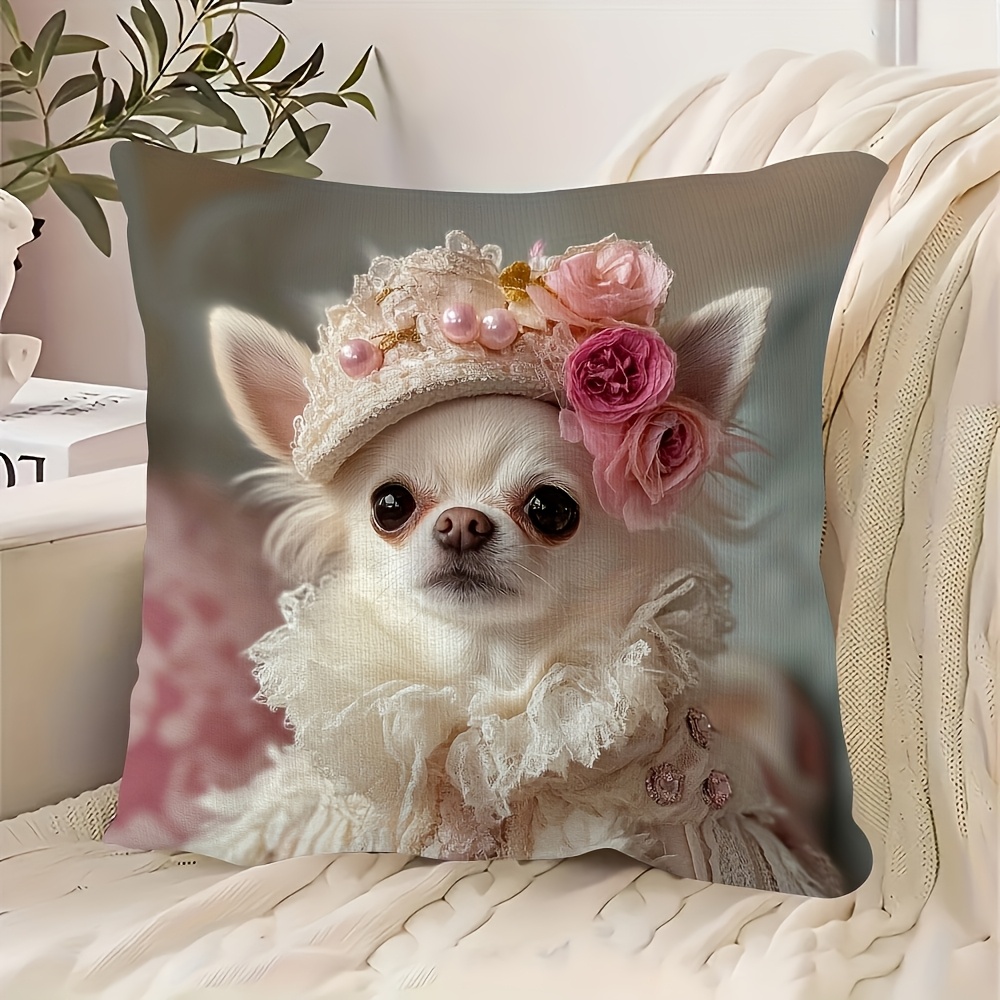 TEMU Retro Style Soft Short Plush Pillow Cover Measuring 45.72x45.72 Cm, Featuring A Dressed Chihuahua. Machine Washable With A Zipper Closure,